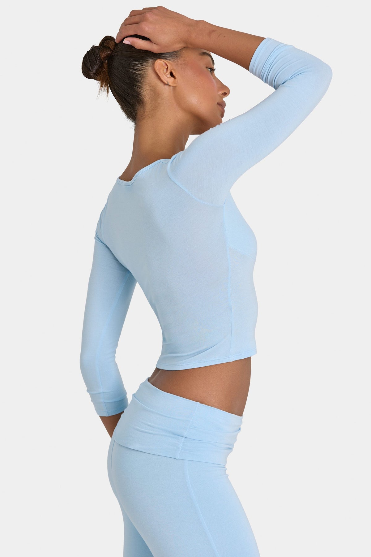Bo+Tee model Kiele wearing the BT16395__LightBlue Full Top in Light Blue Modal fabric perfect for running errands comfortably