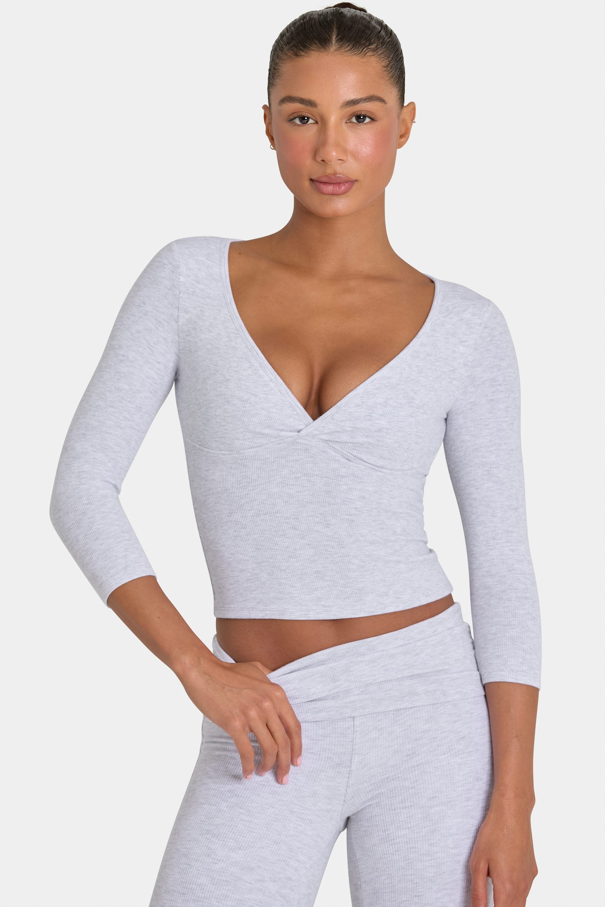 Bo+Tee model Kiele wearing the BT16395A__LightGreyMarl Full Top in Light Grey Marl Ribbed Modal fabric perfect for casual outings
