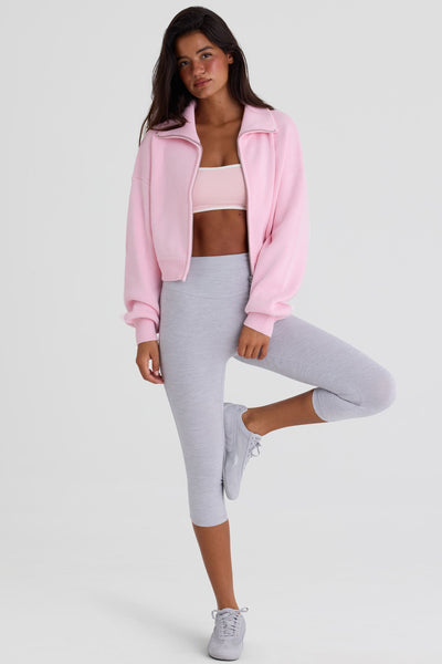 Ribbed Knit Zip-Up Cropped Sweatshirt in Pale Pink
