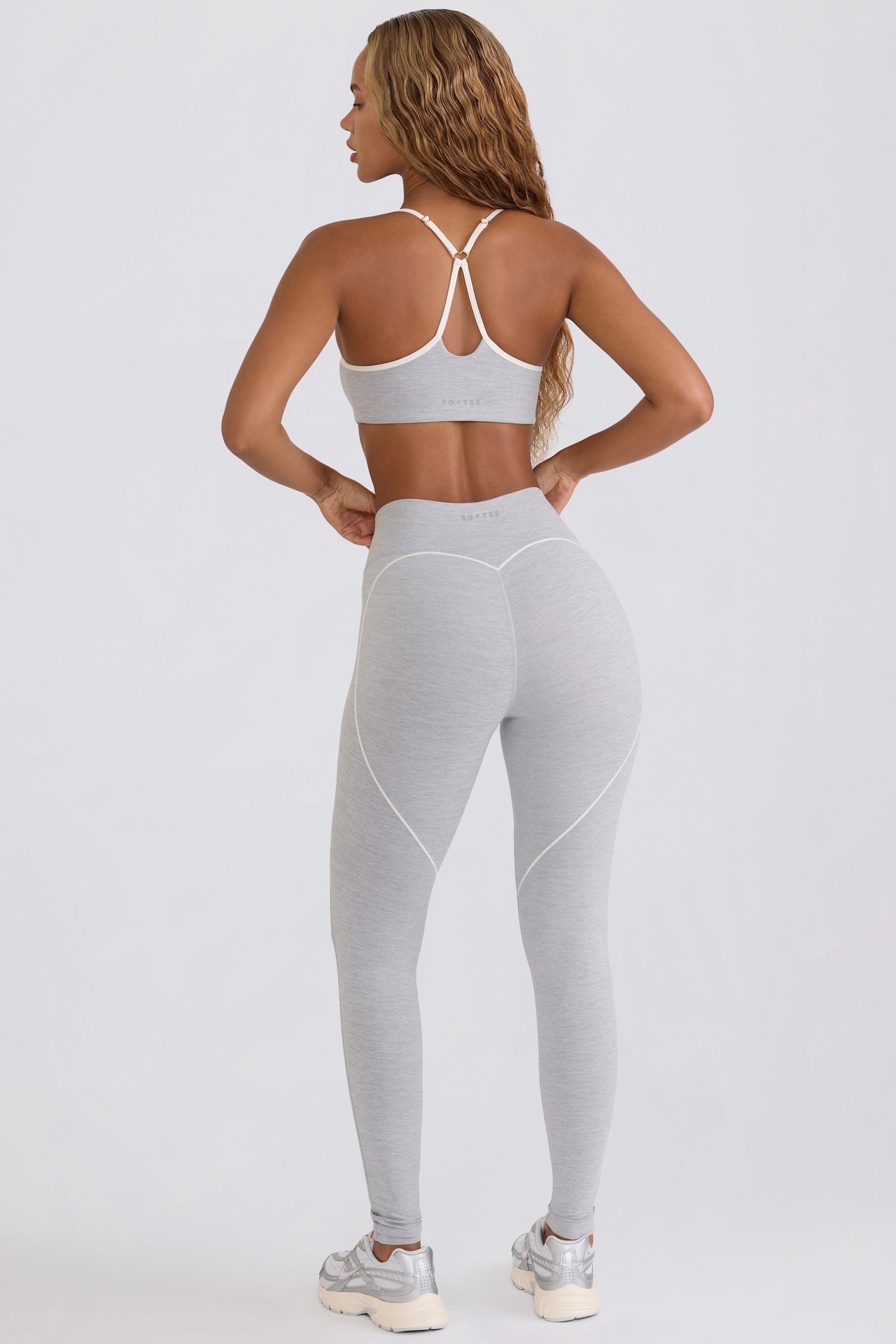 Bo+Tee model Hayley wearing the WithLovePerfectMatch Leggings in Grey Marl Soft Active (Cut & Sew) fabric perfect for gym training sessions
