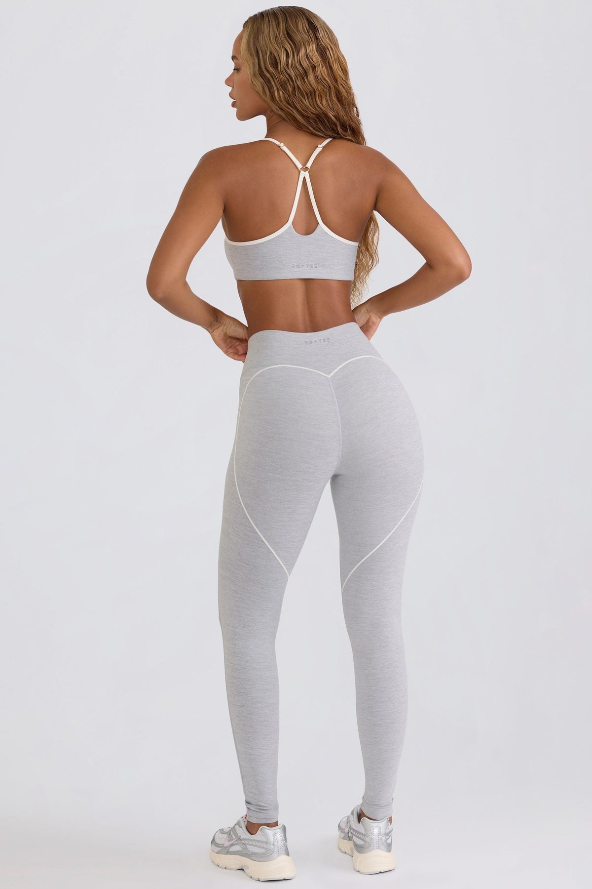 Bo+Tee model Hayley wearing the WithLovePerfectMatch Leggings in Grey Marl Soft Active (Cut & Sew) fabric perfect for gym training sessions