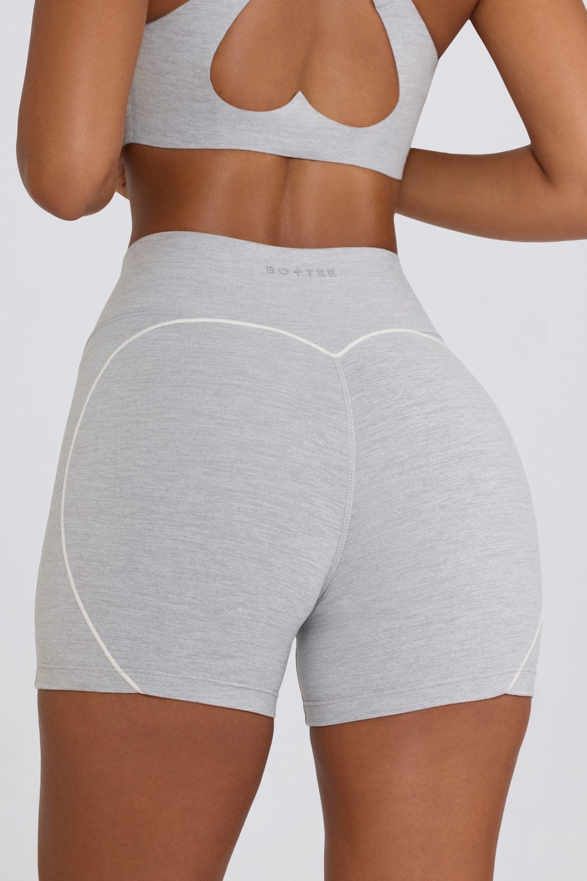 Bo+Tee model Hayley wearing the WithLovePerfectMatch Mini Shorts in Grey Marl Soft Active (Cut & Sew) fabric perfect for casual walks