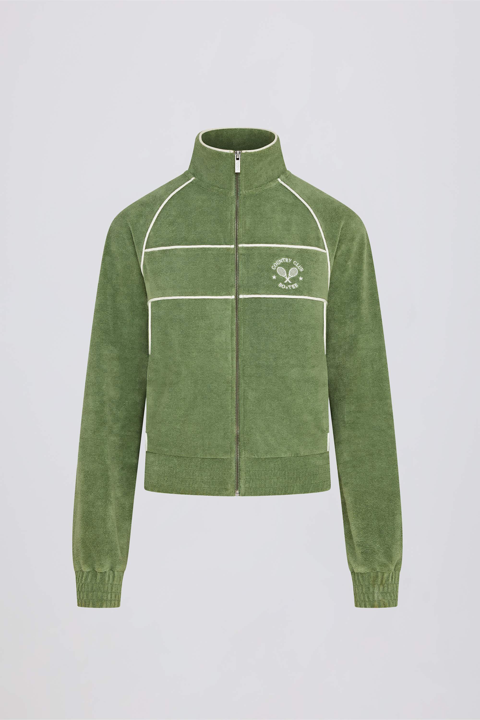 Terry Towelling Zip-Up Cropped Sweatshirt in Green