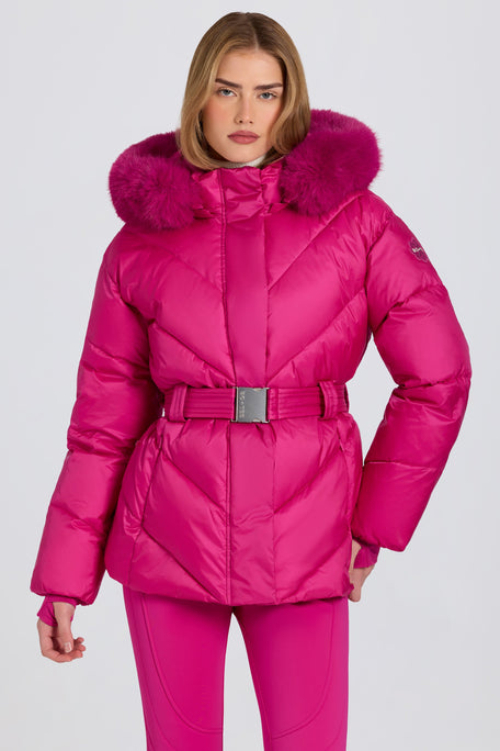 Waterproof Faux-Fur Hood Ski Jacket in Magenta Pink