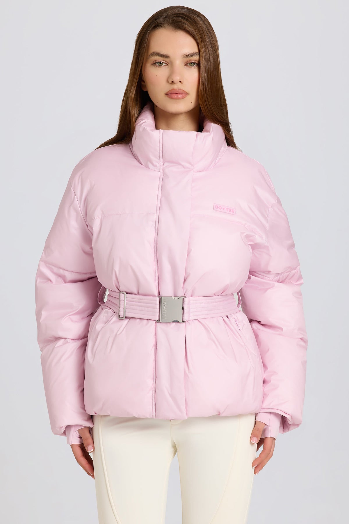 Waterproof Belted Oversized Ski Jacket in Powder Pink