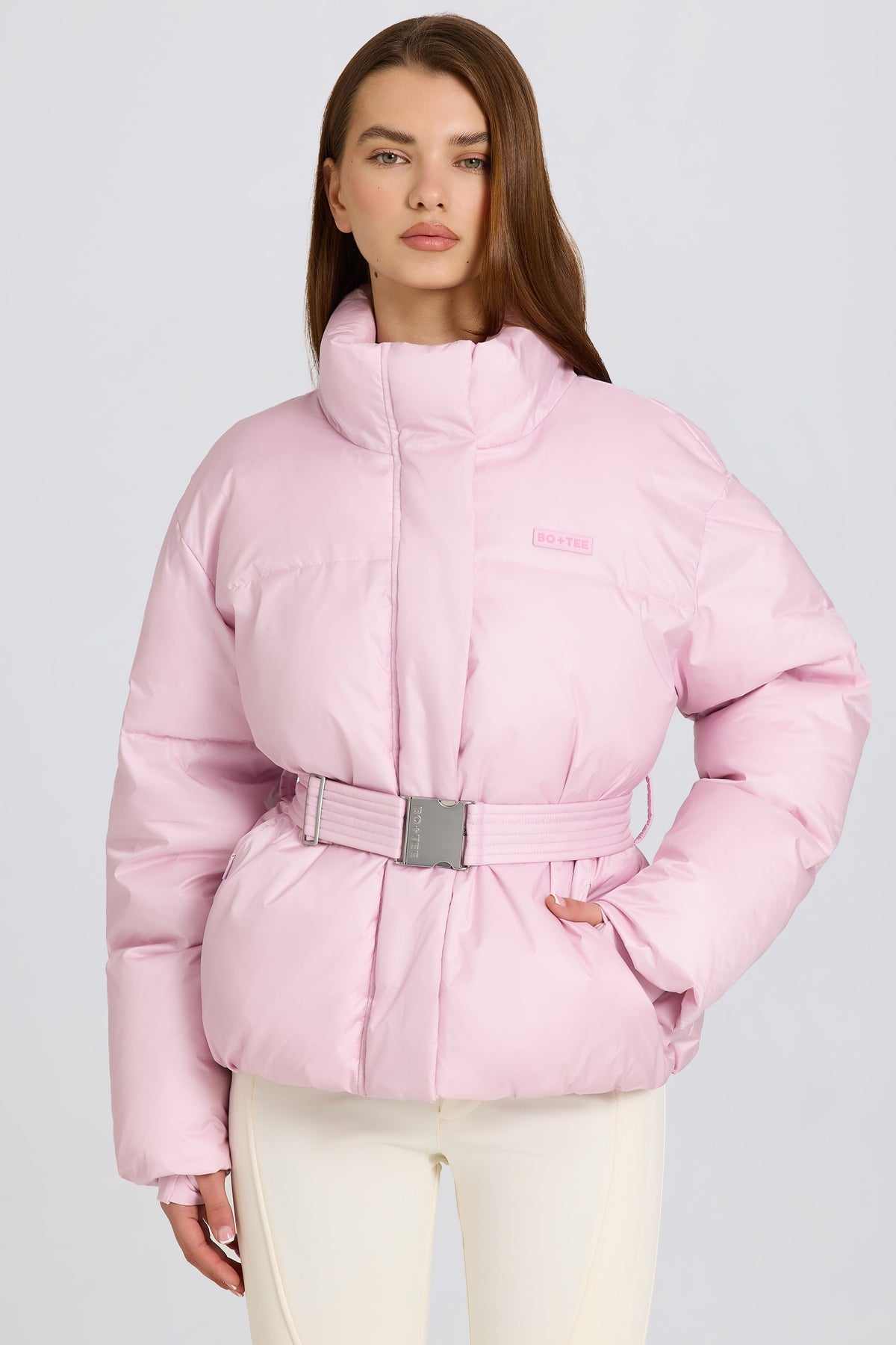 Waterproof Belted Oversized Ski Jacket in Powder Pink