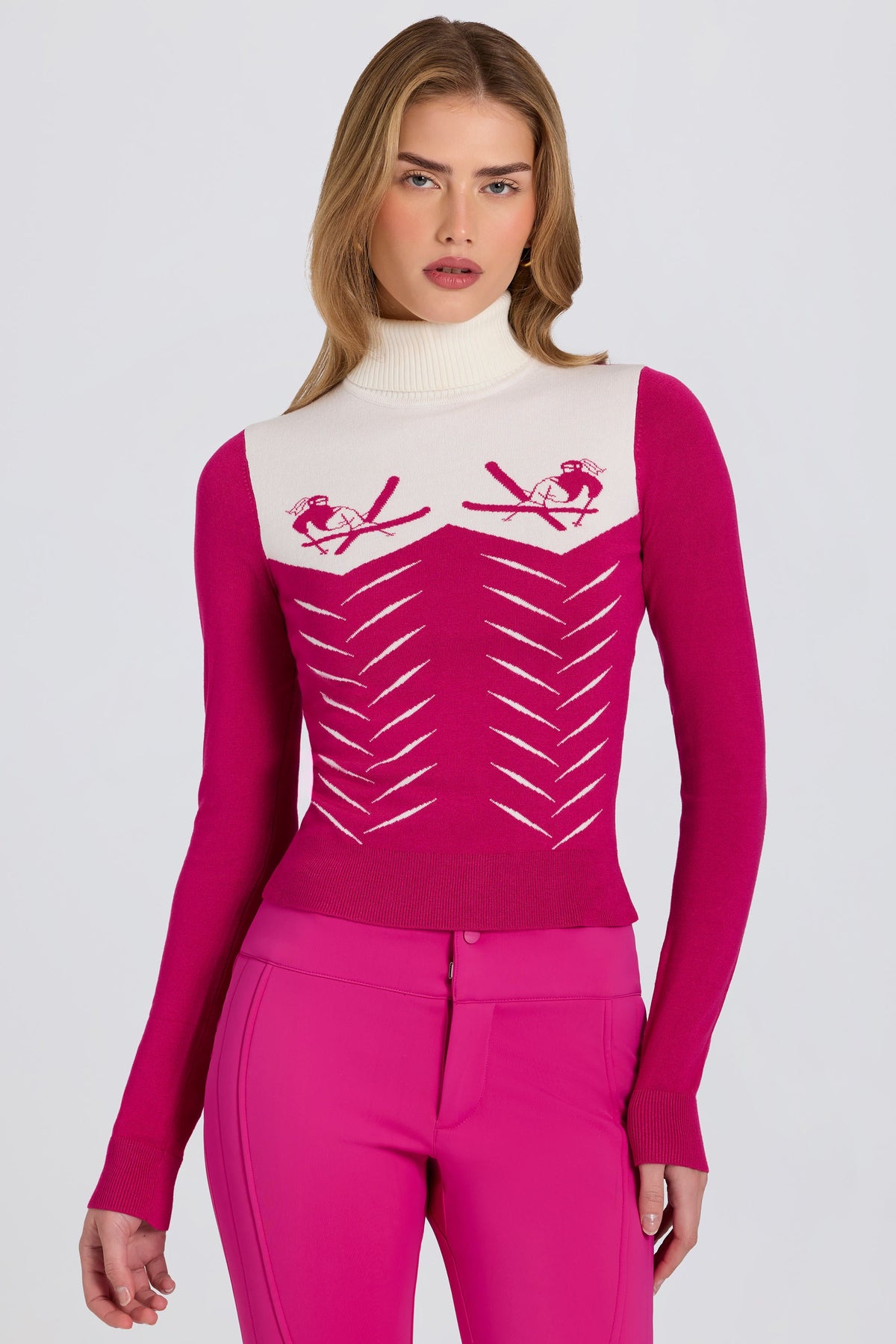 Knit Long-Sleeve Fitted Top in Magenta Pink