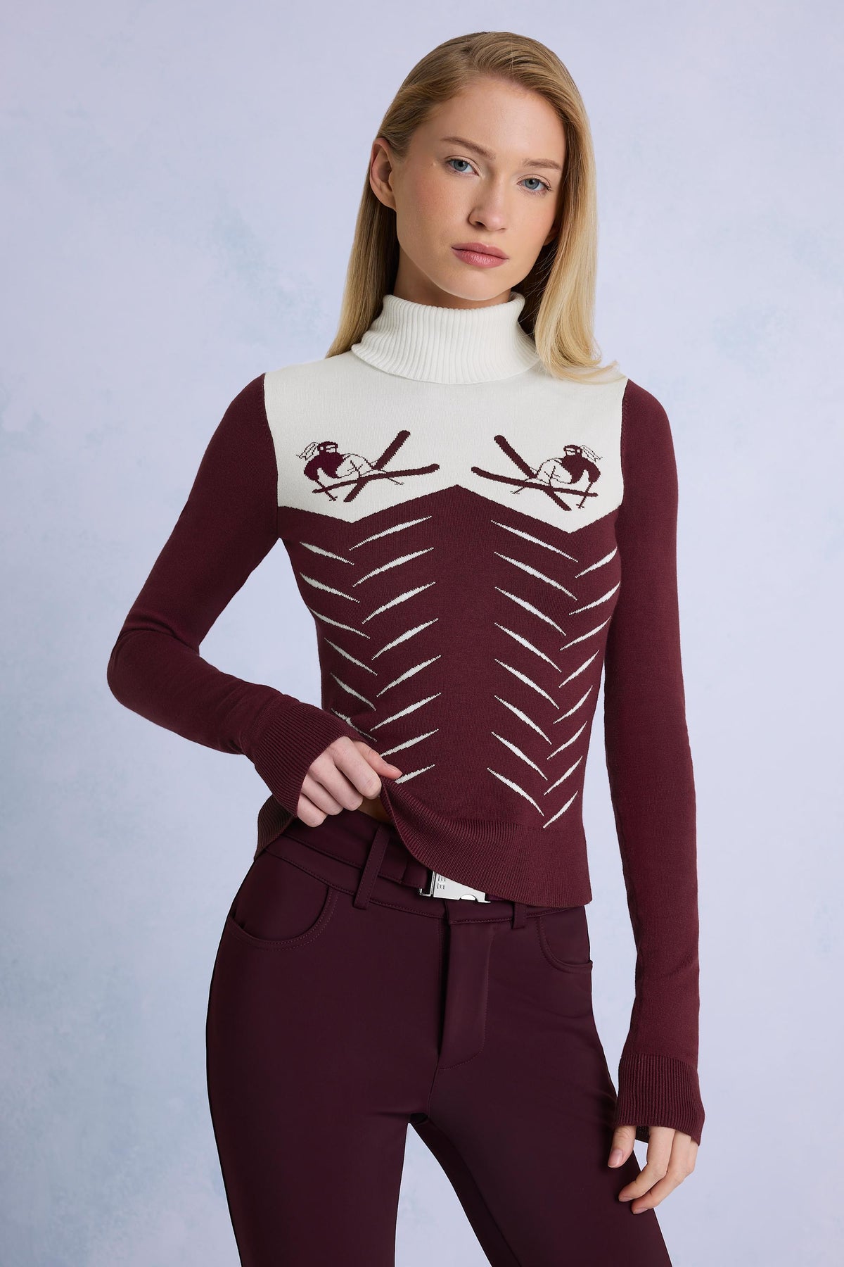 Knit Long-Sleeve Fitted Top in Burgundy