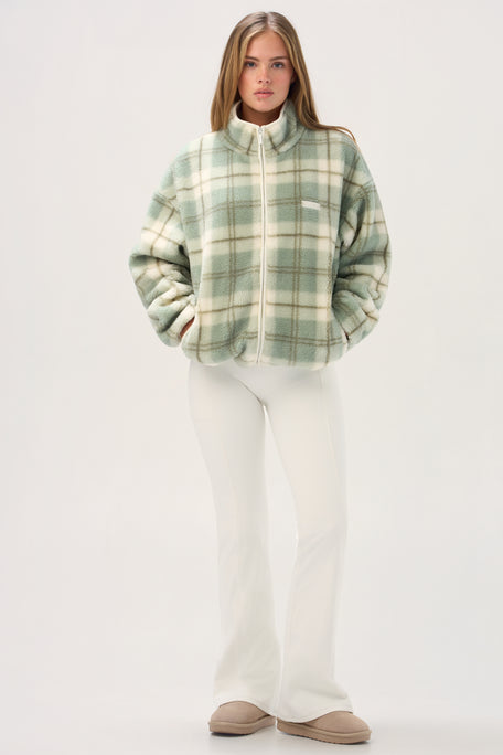 Oversized Zip-Up Fleece in Matcha Plaid