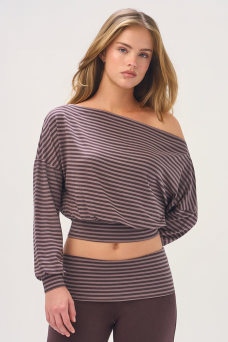 ButterCloud™ Slouchy Off-Shoulder Top in Espresso Stripe