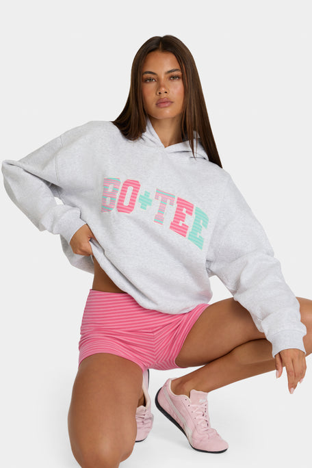 Oversized Applique Hoodie in Grey Marl Stripe