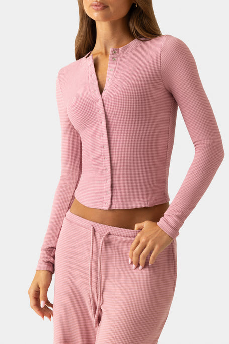 Ribbed Jersey Crewneck Cardigan in Berry