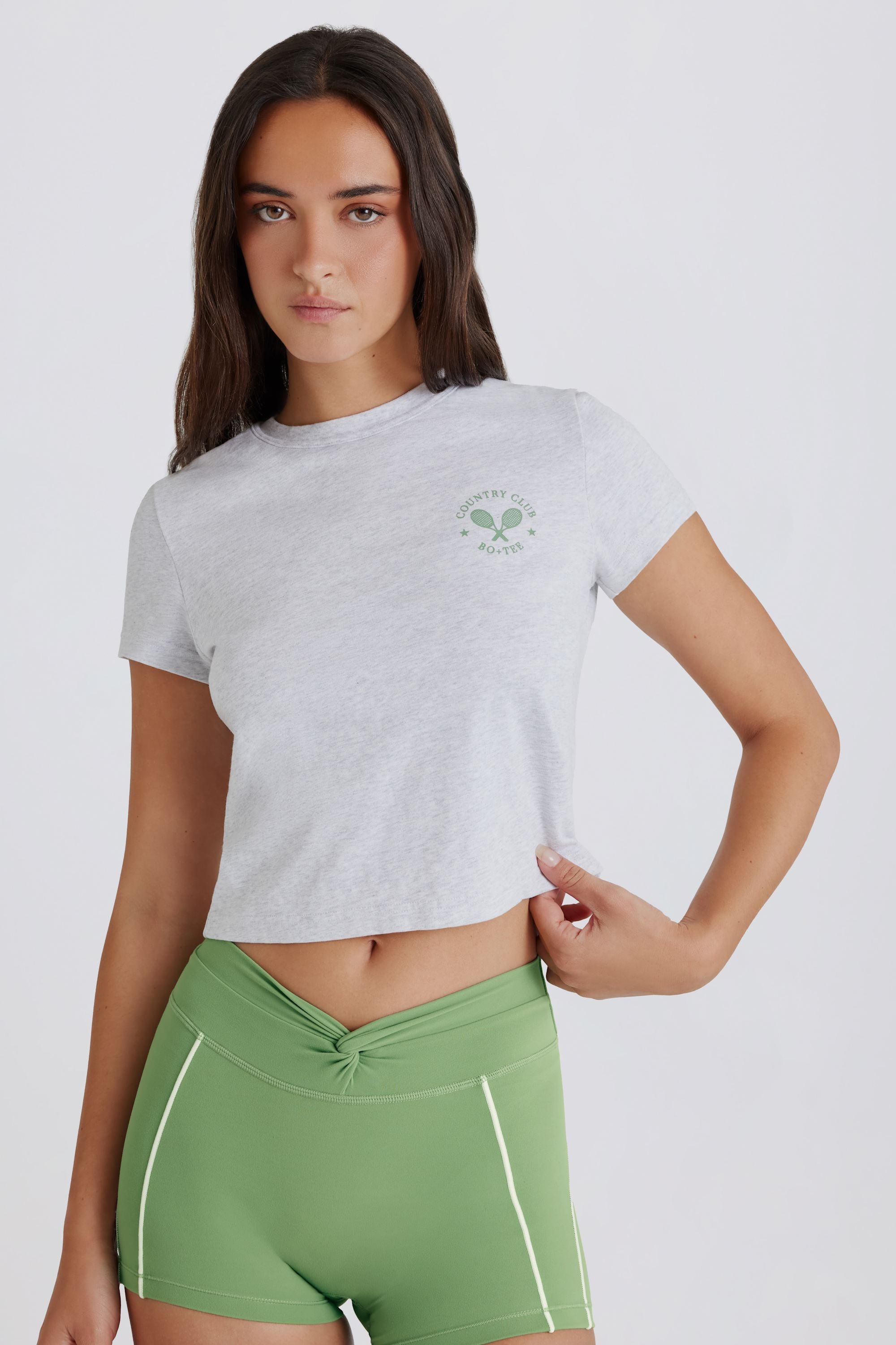 Cropped Graphic T-Shirt in Grey Marl