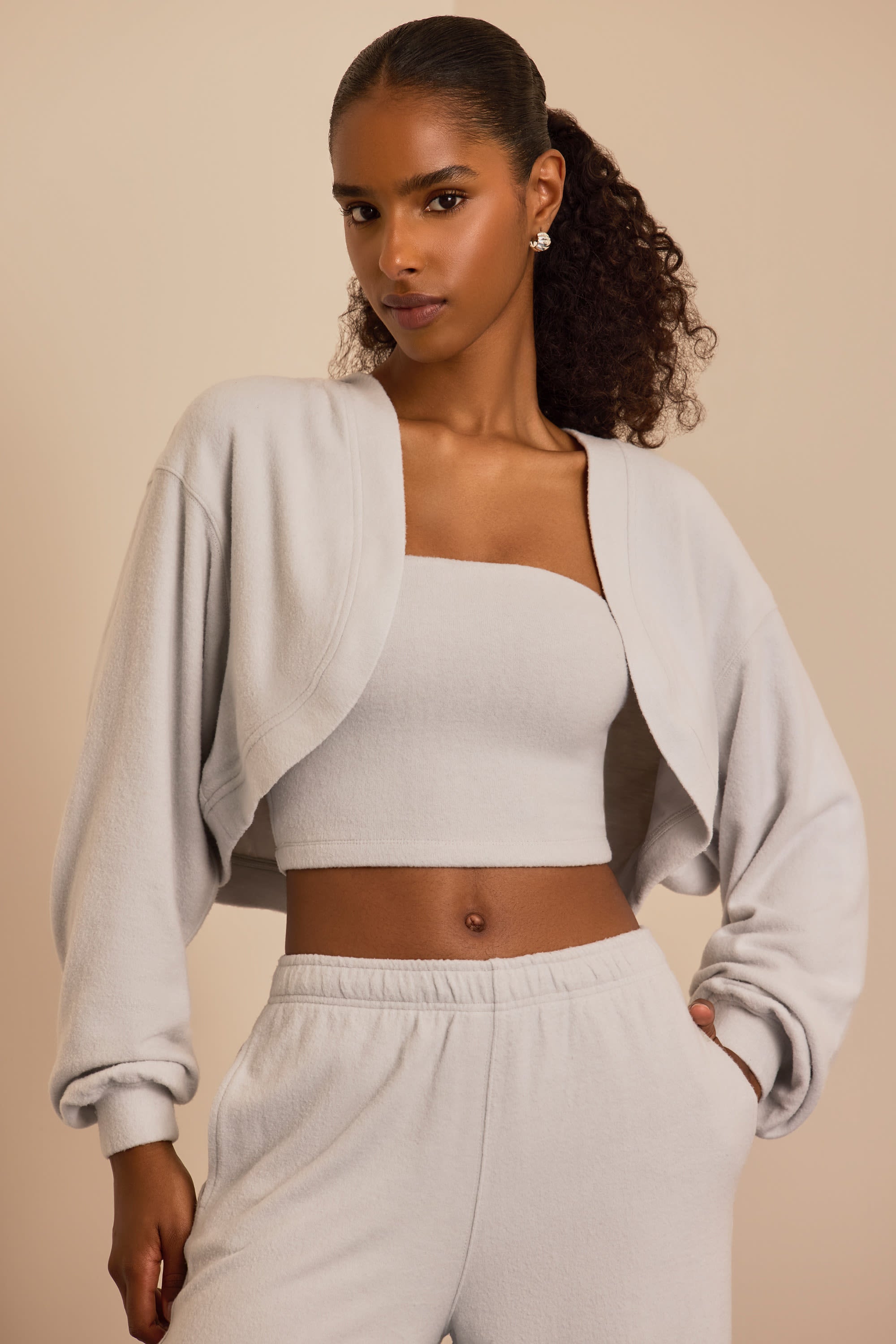 Brushed Jersey Hooded Cropped Shrug in Fog Grey