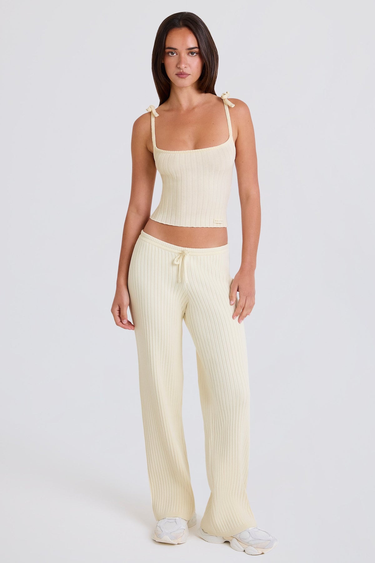Ribbed Knit Wide-Leg Joggers in Cream