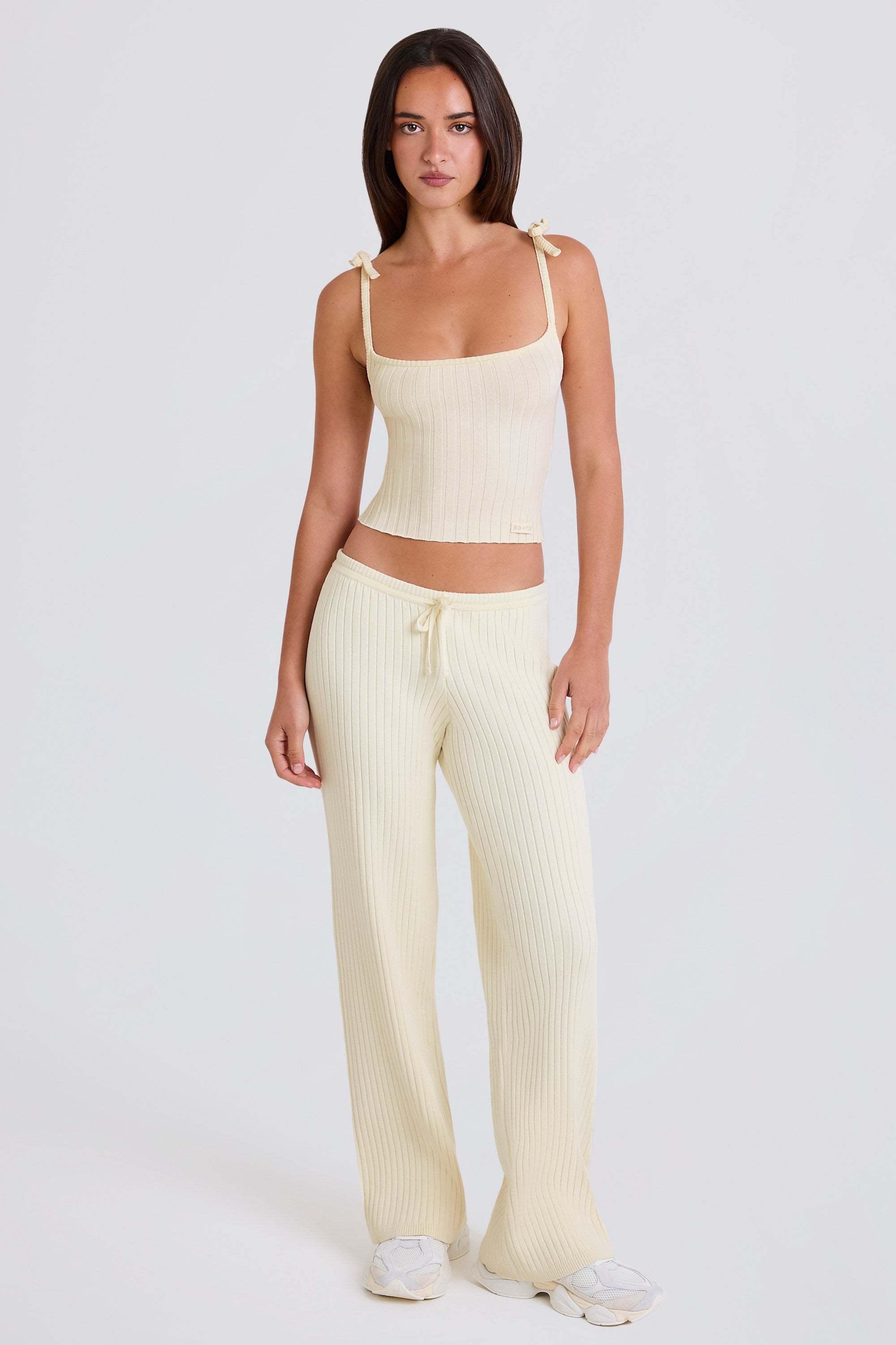 Ribbed Knit Wide-Leg Joggers in Cream