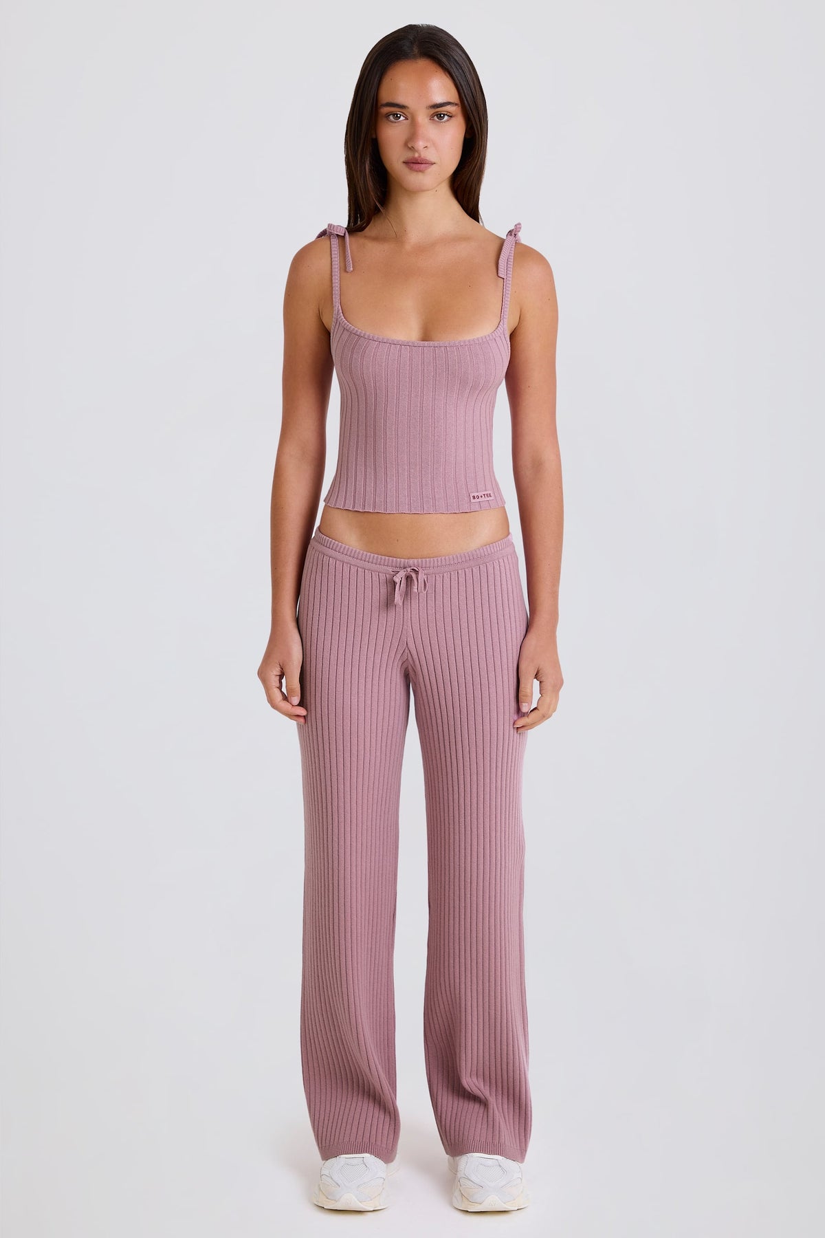 Ribbed Knit Wide-Leg Joggers in Mauve