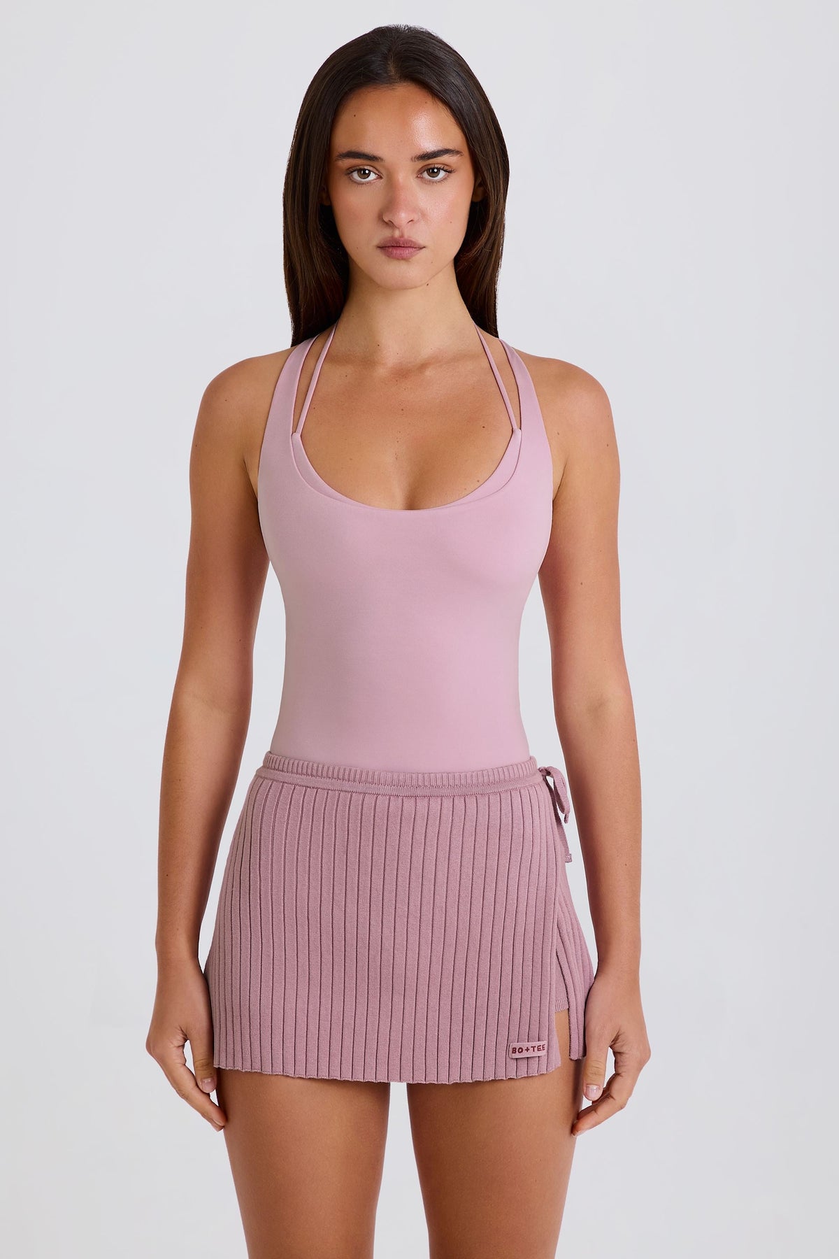 Ribbed Knit Tie Wrapover Skort in Mauve