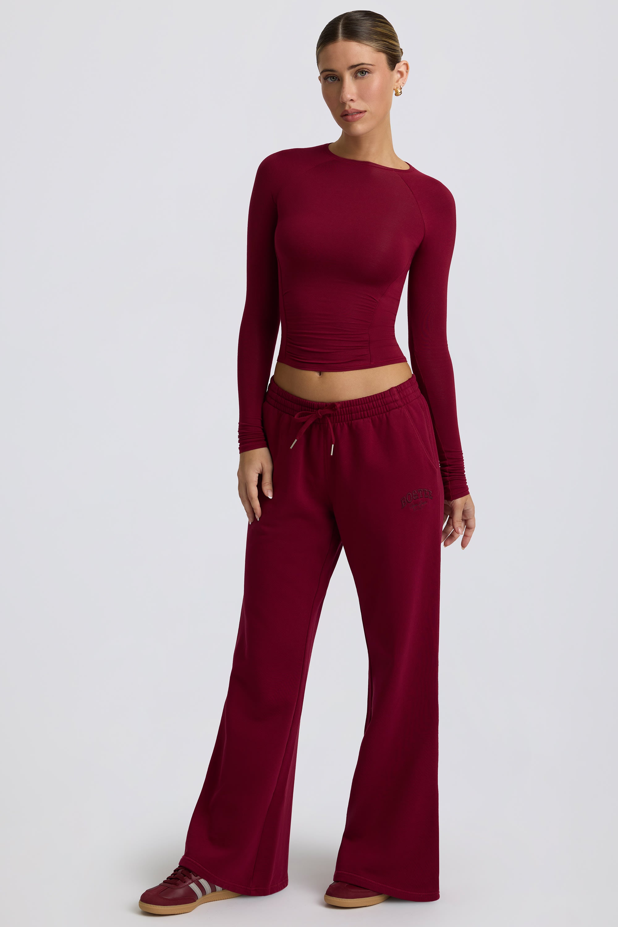 Petite Low-Rise Wide-Leg Joggers in Burgundy