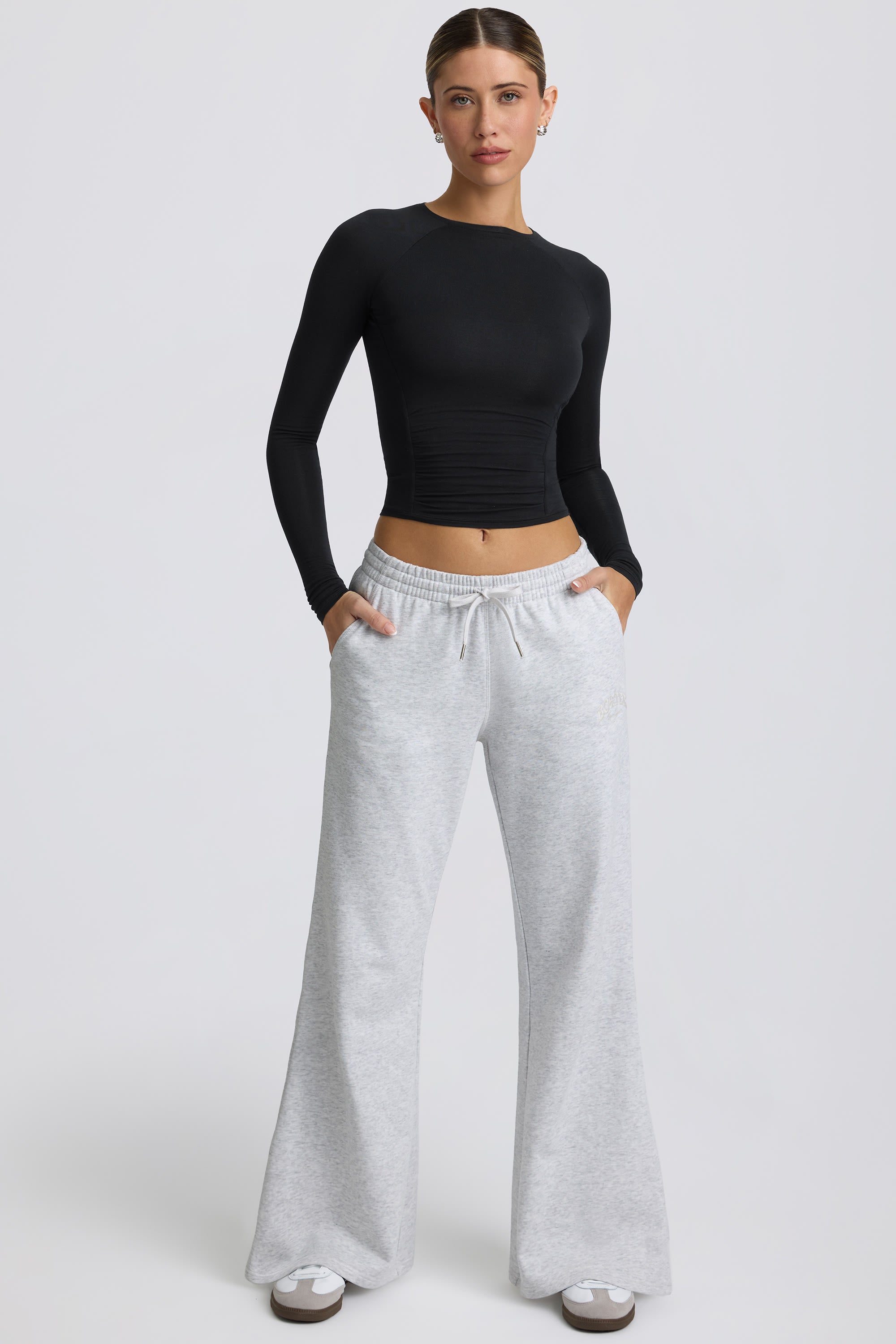 Petite Low-Rise Wide-Leg Joggers in Grey Marl