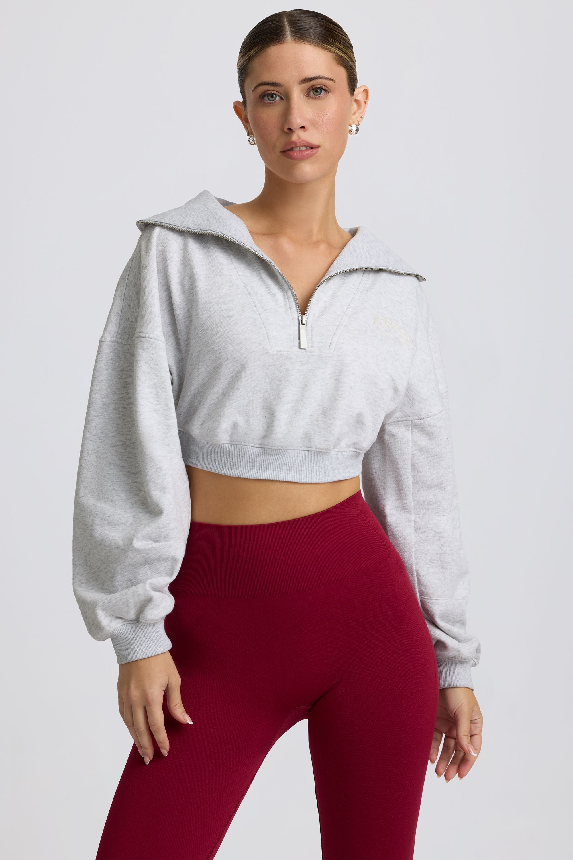 Quarter-Zip Cropped Sweatshirt in Grey Marl