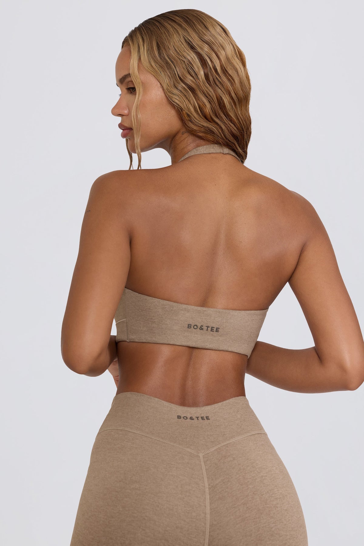 Brushed Jersey V-Neck Sports Bra in Mocha Marl