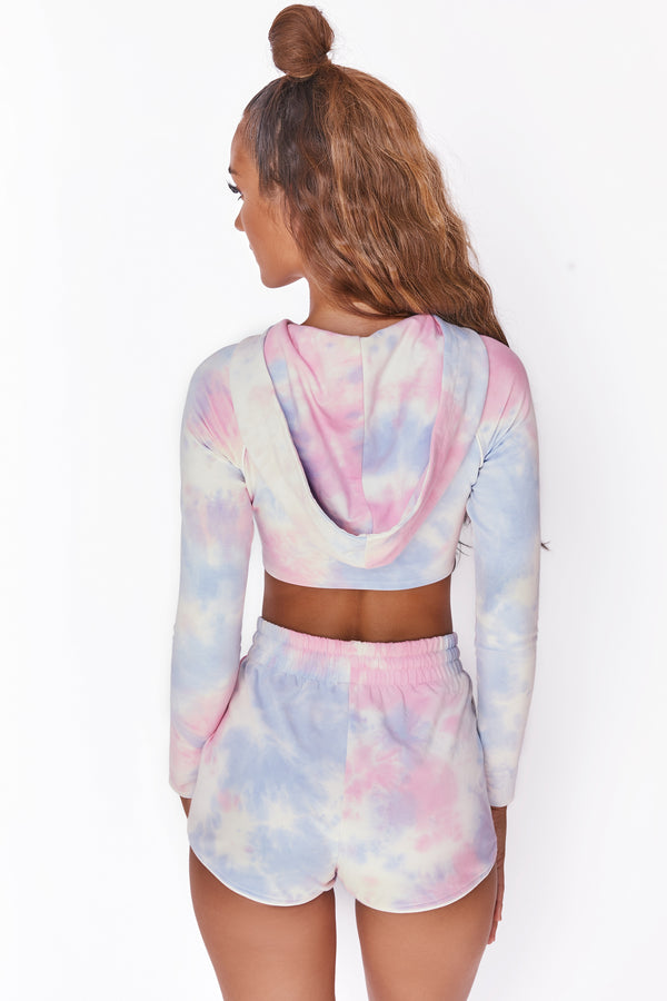 Tie dye long sleeve cropped hoodie with ruched centre and drawstring tie. Image 3 of 6.
