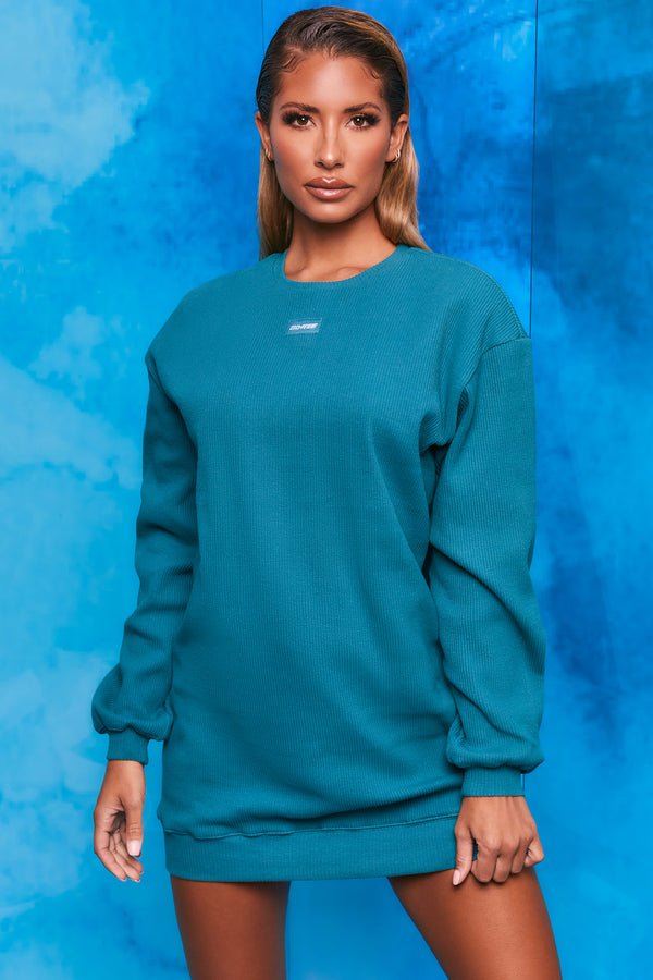 Plain teal ribbed oversized sweatshirt with long sleeves. Image 1 of 6.