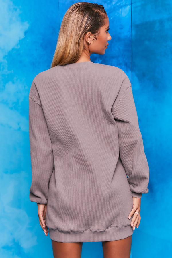 Plain grey ribbed oversized sweatshirt with long sleeves. Image 3 of 6.