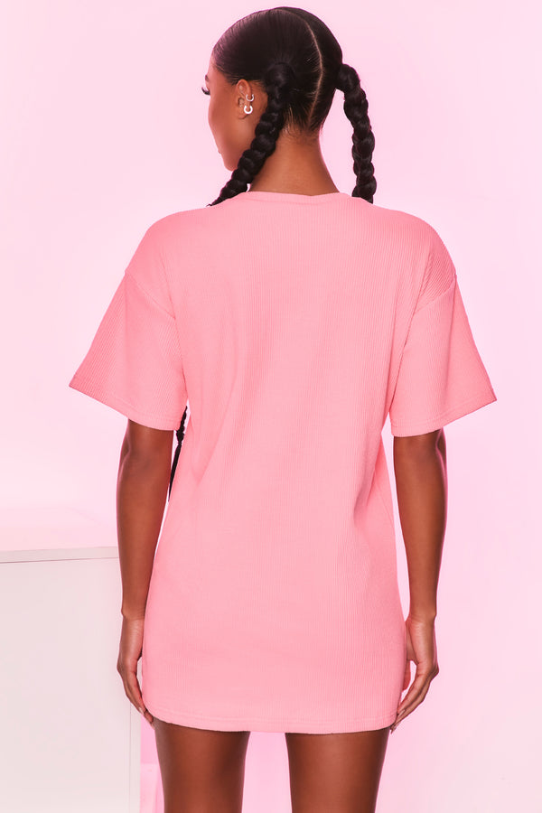 Round neck short sleeve oversized ribbed t-shirt in coral. Image 3 of 6.