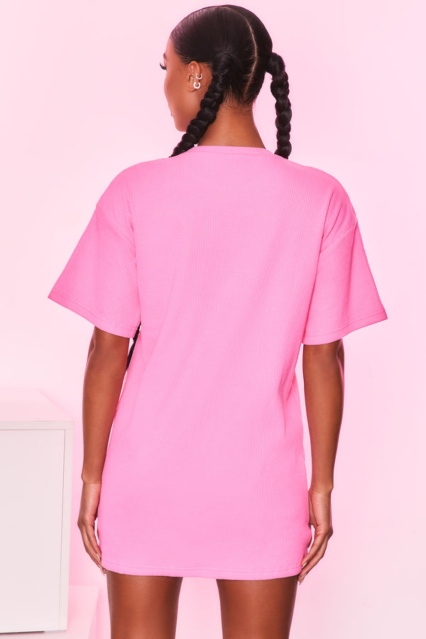 Round neck short sleeve oversized ribbed t-shirt in candy pink. Image 3 of 6.
