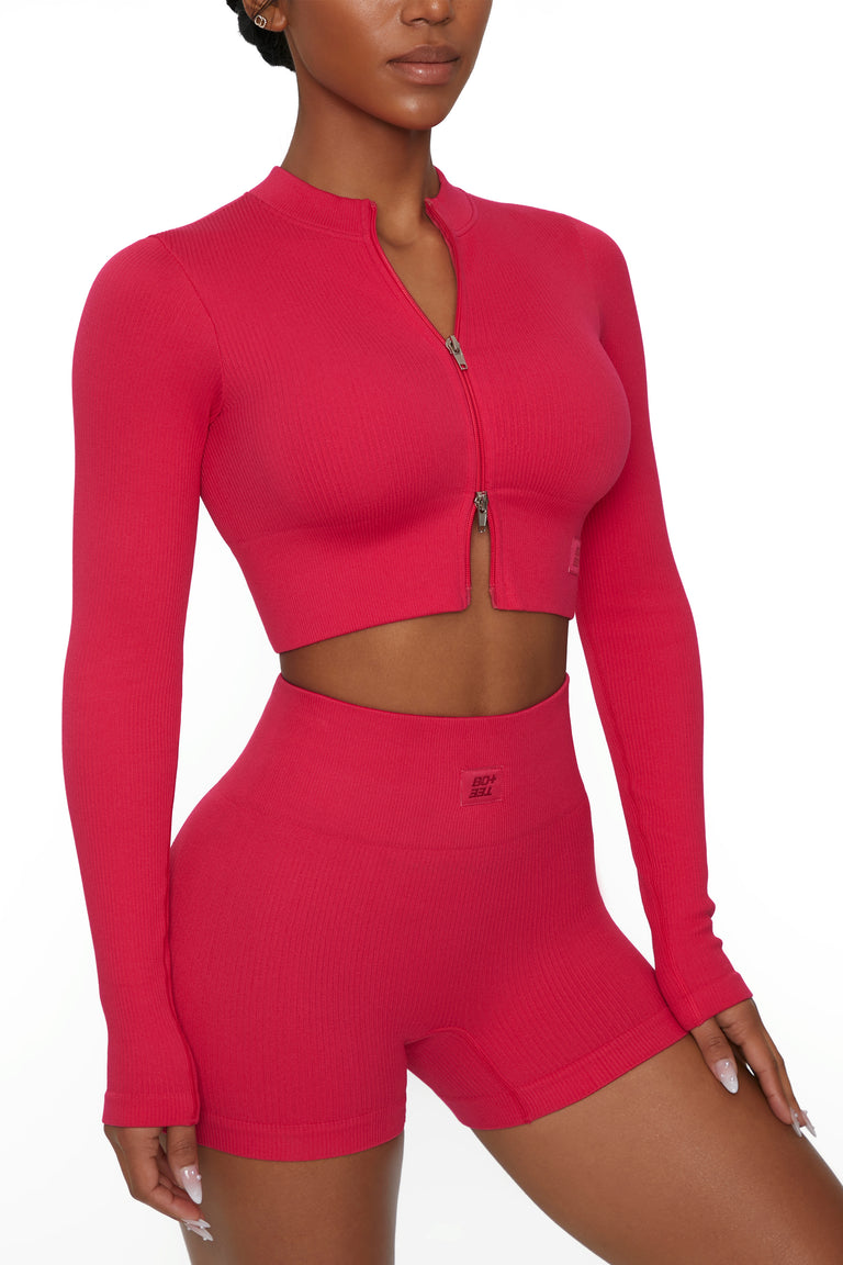 All The Way Long Sleeve Zip Crop Top In Hot Pink Botee Boandtee 4795