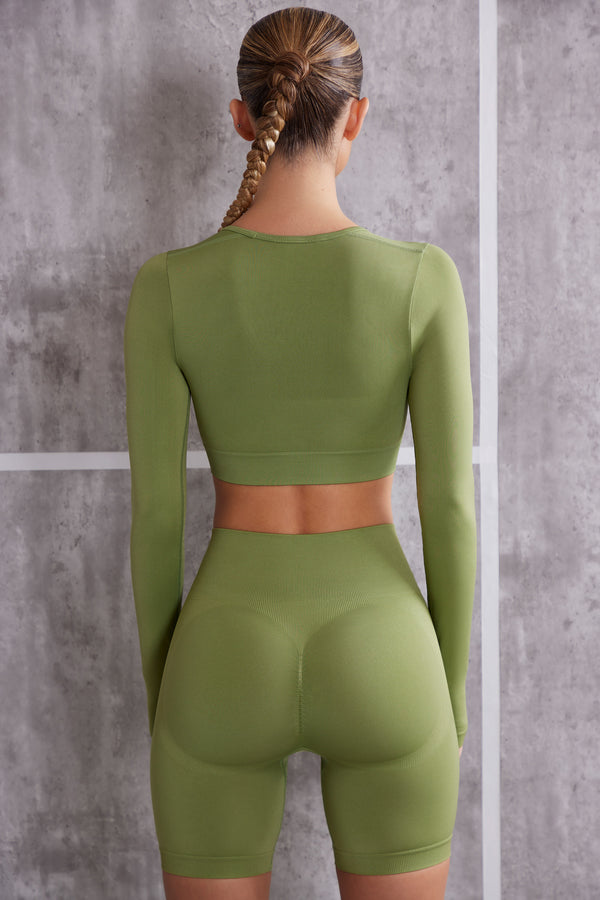 Green Ribbed Workout Set - Long Sleeve Crop Top and Leggings