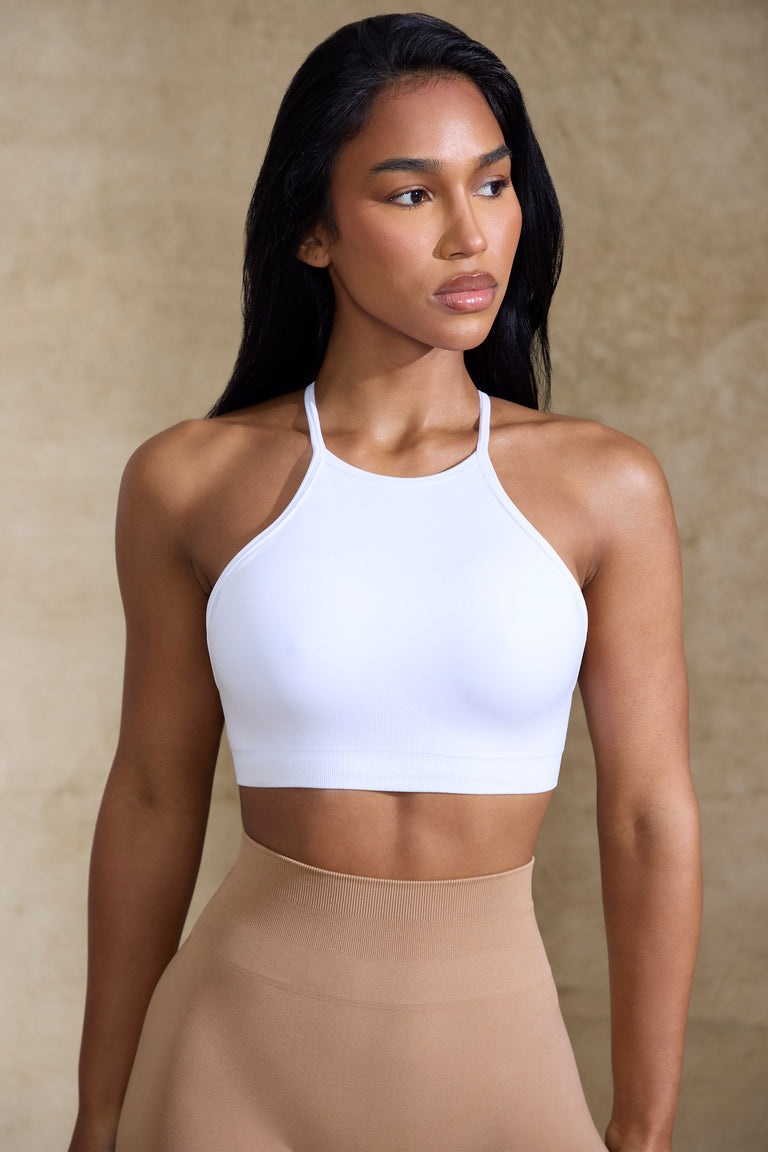 Flex High Neck Open Back Define Luxe Sports Bra in White Bo+Tee Bo&Tee
