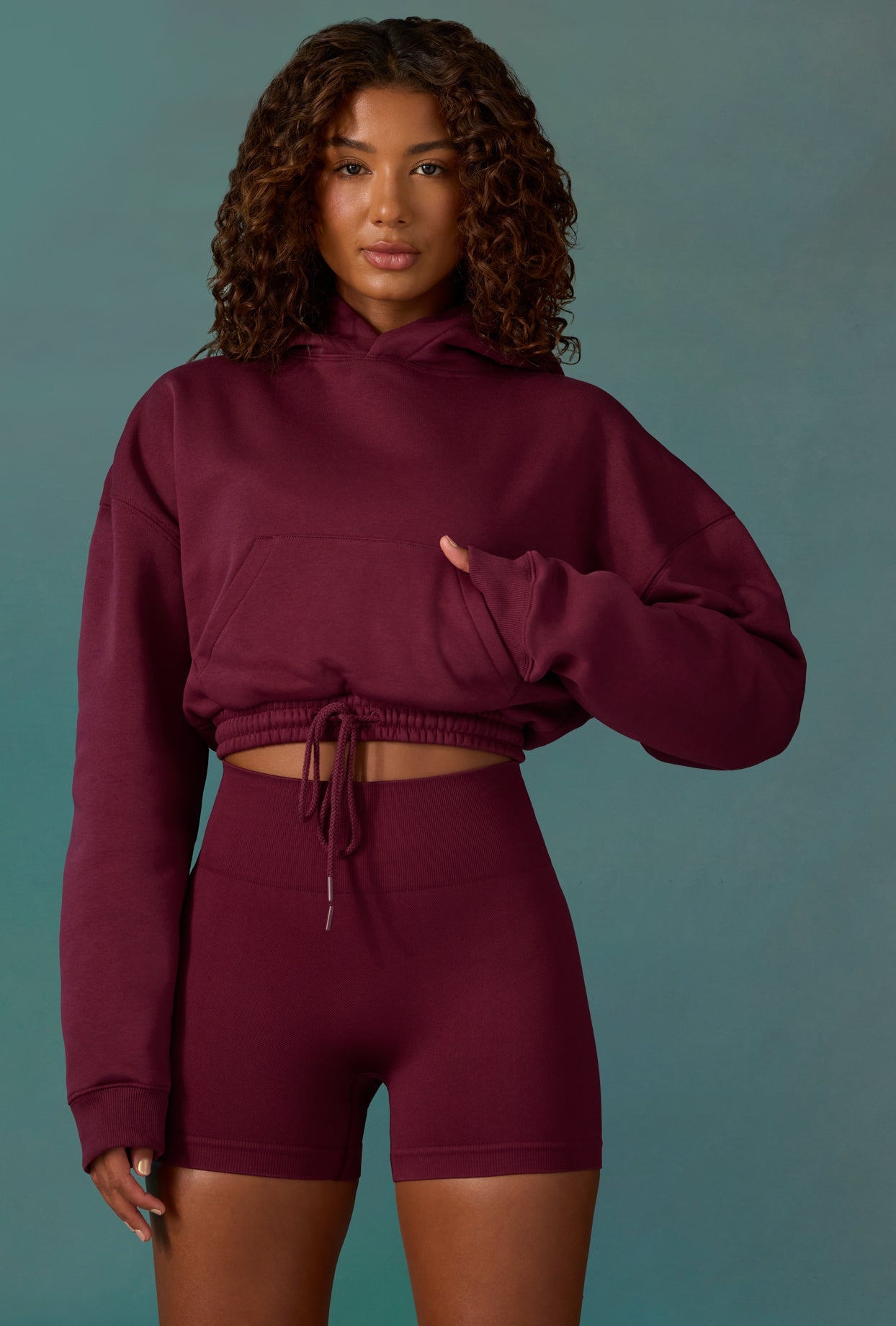 Progress - Cropped Drawstring Hooded Sweatshirt in Plum