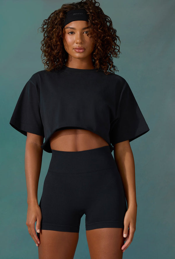 Level Up - Cotton Cropped Oversized T-Shirt in Black