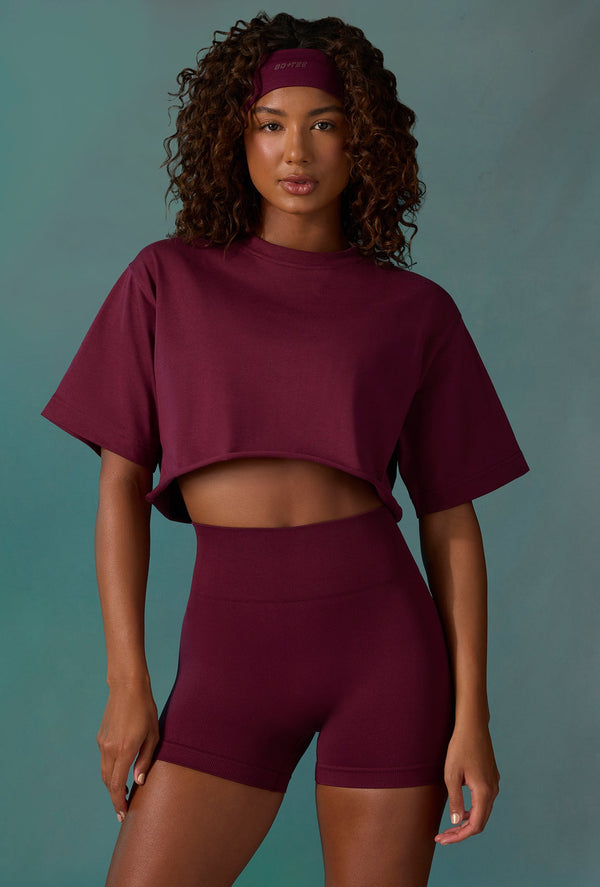 Level Up - Cotton Cropped Oversized T-Shirt in Plum